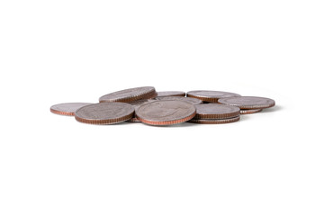 Isolated heap of coins on white background. Saving for business investment with clipping path.