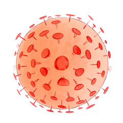 Virus with red spikes at the surface in a white background - watercolor