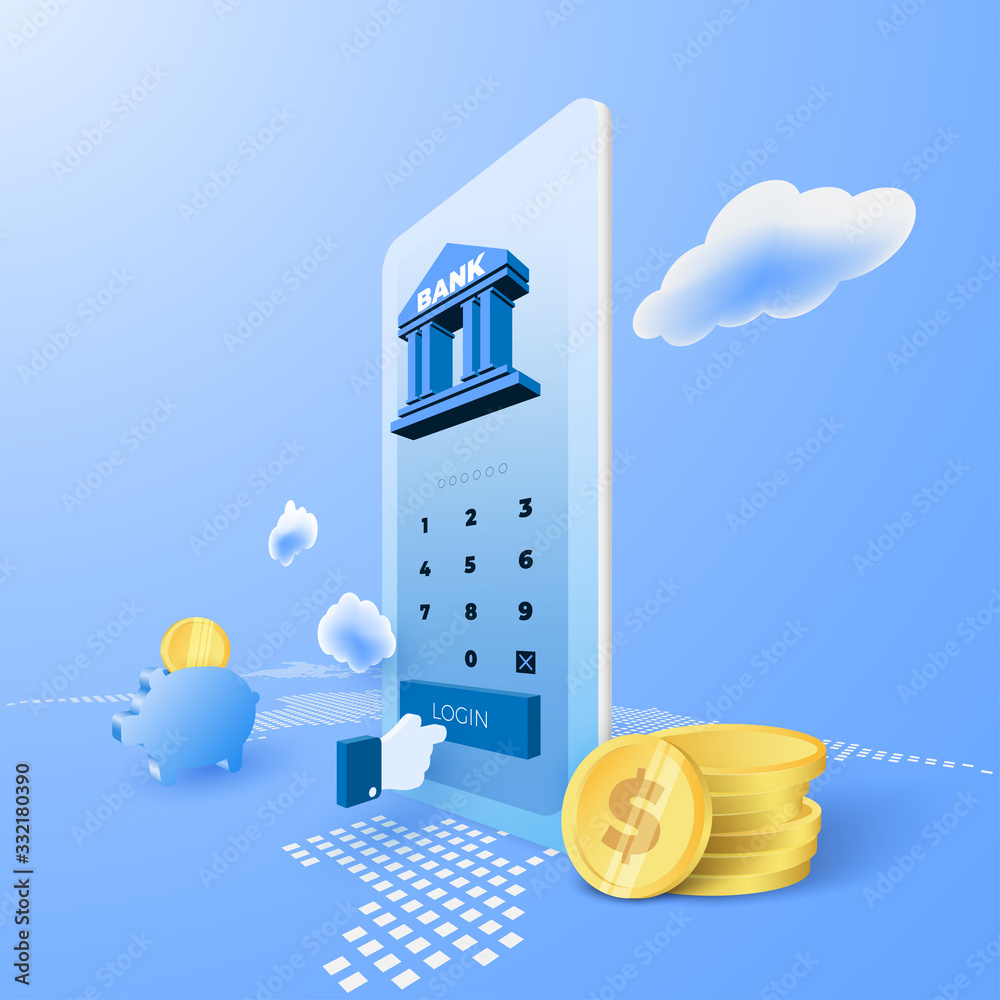 Poster Business finance bank service with mobile application and coin on world map. Login screen with security concept. vector 3d perspective illustration.