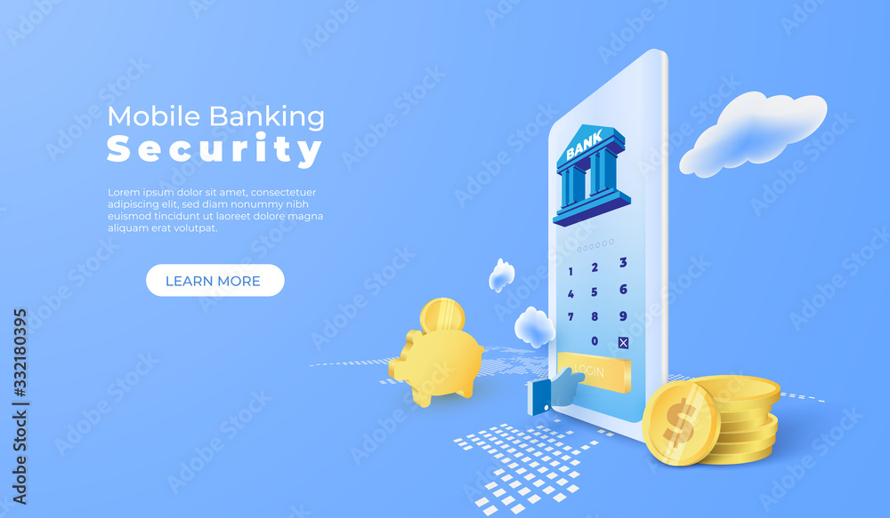 Poster Business finance bank service with mobile application and coin on world map. Login screen with security concept. vector 3d perspective illustration.