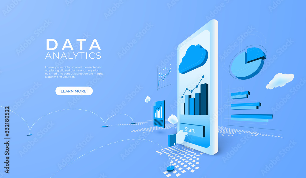 Poster Business finance bank service with mobile application. financial report screen with data analytics. vector 3d perspective illustration.