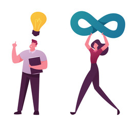 Philosophy Science Concept. Male Character with Book and Glowing Light Bulb over Head Have Insight. Woman Carry Infinity Loop Sign. Philosophers Reflection Thinking. Cartoon People Vector Illustration