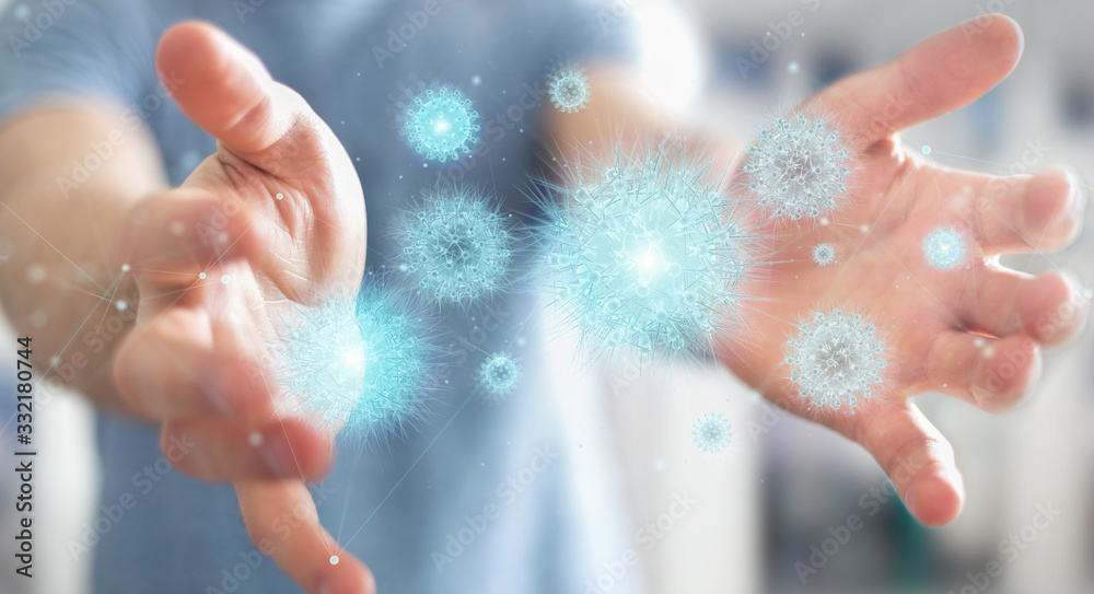 Poster Man analyzing coronavirus with digital holographic projection close-up 3D rendering