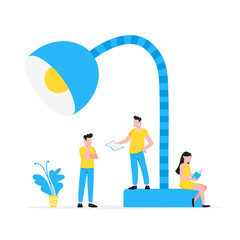 Tiny literature fans sitting on big books flat style design vector illustration isolated on white background. Book festival or students education concept.