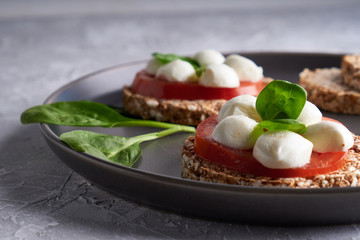 toasts with mozzarella, tomatoes and spinach in a gray plate