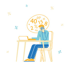 Male Character Sitting at Desk with Calculator with Digits in Head Counting Income, Burden Tax, Profit or Loan. Financial Problems, Budget Crisis, Man Take Credit in Bank. Linear Vector Illustration