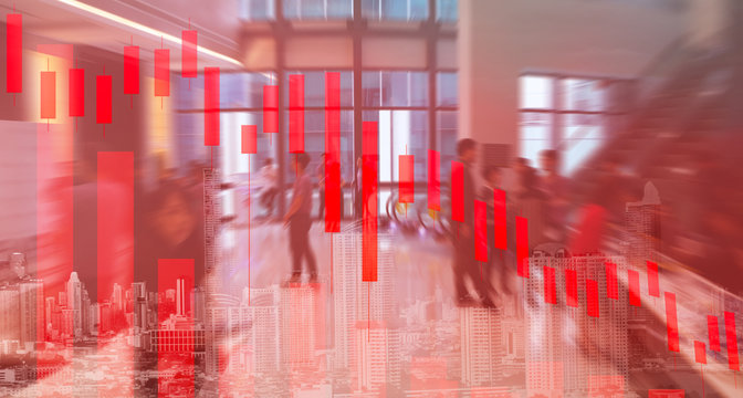 Double exposure of business or financial chart in trend down with cityscape and business people with zoom motion, Economic crisis Because the corona virus or covid-19 - Powered by Adobe