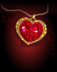 Beautiful ruby red heart shaped with a shiny gold rim and a gold chain on a dark background. Vector illustration.