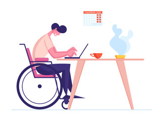 Disabled Man Sit on Wheelchair Working on Laptop with Calendar 2020 Hanging on Wall. Handicapped Male Character Freelance Worker Earning Money in Internet, Online Income. Cartoon Vector Illustration