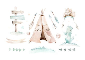Watercolor set with mexican ethnic elements: cactus ,teepee tent, traditional wigwam, feather, arrow. Boho party invitation. Baby boy baby shower. Wild west © kris_art