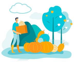 Man with Wooden Box in Hands on Background Harvest in Garden. Vector Illustration. Man on Farm. Harvest Frash Products. Grow Fruits. Farm Business. Family Business. Box with Fruits.