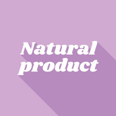 Natural product inscription. White Icon with long shadow at purple background. Illustration.