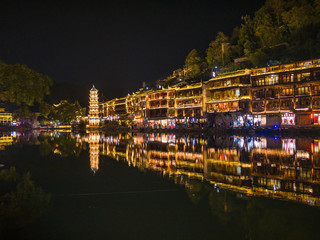 Fototapeta na wymiar Scenery view in the night of fenghuang old town .phoenix ancient town or Fenghuang County is a county of Hunan Province, China