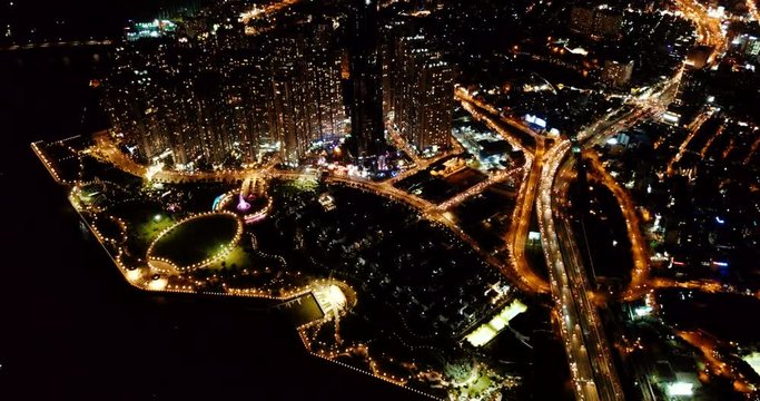 Aerial view, top view panorama of street, river, landmark and Sai Gon Center of Ho Chi Minh city. Royalty high quality stock video footage of panoramic Ho Chi Minh city in night. Ho Chi Minh, Vietnam