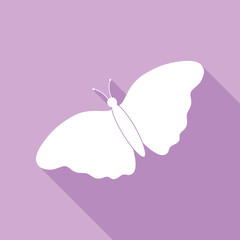 Butterfly sign. White Icon with long shadow at purple background. Illustration.