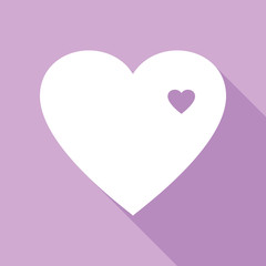 Heart sign. White Icon with long shadow at purple background. Illustration.