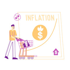 Inflation, Recession and Depreciation Concept. Depressed Man Customer Character with Shopping Trolley Looking at Rising Price Arrow. Financial Crisis, Corporate Sale Drop. Linear Vector Illustration