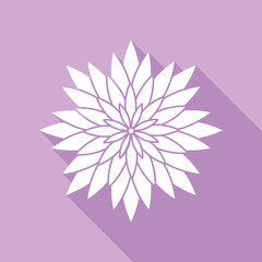 Flower sign. White Icon with long shadow at purple background. Illustration.