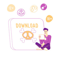 Male Character Sit at Huge Tablet Pc with Skull and Bones on Screen. Internet Crimes and Pirate Information Stealing. User Download Censored Online Content, Right Violation. Linear Vector Illustration