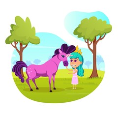 Purple Unicorn with Luxuriant Mane. Little Fairy with Turquoise Hair and Golden Crown, Petting Magic Creature, Smiling Cheerful and Warm, in Green Summer Forest. Cute Cartoon Characters.