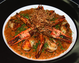 grilled king tiger prawns risotto, rice cooked in rich flavored rock lobster sauce