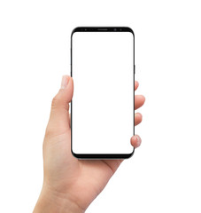 Isolated human left hand holding black mobile white screen smartphone