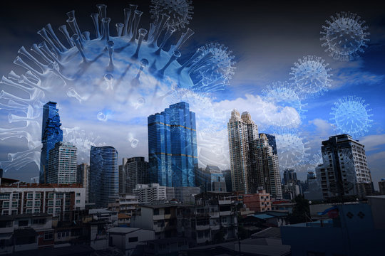 Coronavirus quarantine. City closed for quarantine with covid virus in the air 3D rendering