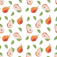 Harvest sweet orange pears with leaves fruit gouache illustration freehand drawn seamless pattern on white.  Food pattern, painted  manually