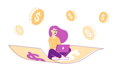 Successful Happy Businesswoman Flying on Money Carpet Working on Laptop with Dollar Coins around. Start Up Project Success, Financial Stability, Profit and Income Growth. Linear Vector Illustration