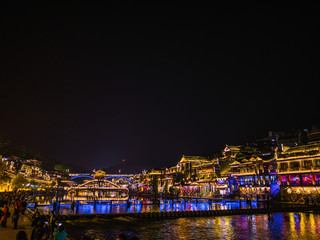 fenghuang,Hunan/China-16 October 2018:Scenery view in the night of fenghuang old town .phoenix ancient town or Fenghuang County is a county of Hunan Province, China