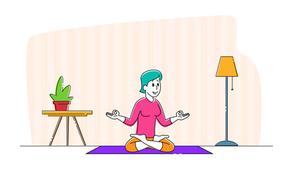 Young Woman Character Meditating Sitting in Lotus Posture at Home. Yoga Class Practice, Healthy Lifestyle, Relaxation and Emotional Balance. Harmony with Nature and Mind. Linear Vector Illustration