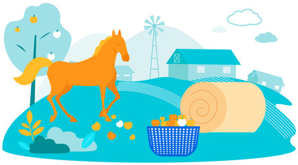 Rudy Horse Stand near Apple Tree on Farm. Vector Illustration. Natural Product. Farm Products. Rudy Horse on Field Farm. Horses at Farm near Hay Stack. Apples on Grass near Apple Trees.