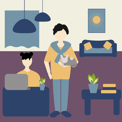 Work at home concept, freelance and telecommuting subject. Man and girl works at home, creative vector