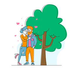 Happy Loving Couple Kissing Outdoors. Man and Woman Characters Spend Time Together Hugging and Rejoice with Hearts around. Love Relation, Togetherness, Sparetime. Linear People Vector Illustration