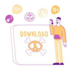 Internet Crimes and Pirate Information Stealing. Male Character with Mobile Phone Stand at Huge Tablet with Skull and Bones on Screen. User Download Censored Online Content. Linear Vector Illustration