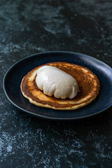 Poached Egg with Pancake in Plate for Breakfast.
