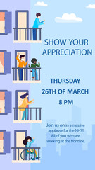Fototapeta premium Vertical web banner for clap for everyone who works on the first line with coronavirus. The facade of building with balconies with people support the action. Vector illustration for social networks.