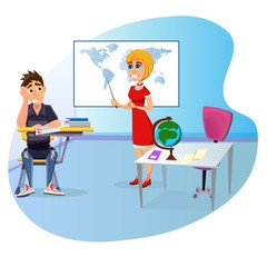 Backward Problem High School Student, Sitting at His Desk in Despair. He Received F Grade in Geography Class. Smiling Blonde Teacher With Pointer and Terrestrial Globe. Cute Cartoon Characters.