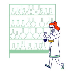 Scientist in Lab Coat Conducting Experiment and Scientific Research in Lab. Chemistry Science Staff at Work, Technician Laboratory Assistant Character Carry Test Tubes. Linear Vector Illustration
