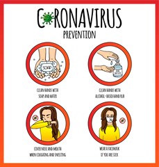Hand drawn doodle Novel Coronavirus Prevention round icons. Vector illustration. Cartoon virus molecule. Sketch 2019-nCov symbol COVID-19 resposible for influenza outbreak isolated on white background