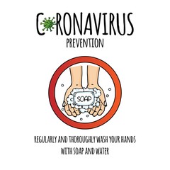 Hand drawn icon showing the importance of washing hands for killing coronavirus COVID-19. Regularly and thoroughly wash your hands with soap and water. Vector illustration. Cartoon 2019-nCov symbol.