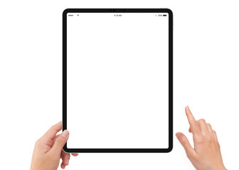 Isolated human left hand holding vertical black tablet computer