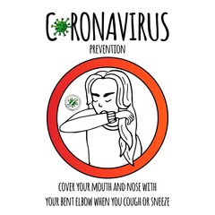 Hand drawn Coronavirus Prevention icon. Vector illustration of woman covering her mouth and nose with bent elbow to protect others from COVID-19. Cartoon virus molecule. Sketch 2019-nCov symbol