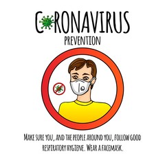 Hand drawn Coronavirus Prevention icon. Vector illustration of a man wearing a facemask to protect others from COVID-19. Cartoon virus molecule. Sketch 2019-nCov symbol  isolated on white background