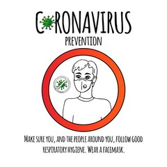 Hand drawn Coronavirus Prevention icon. Vector illustration of a man wearing a facemask to protect others from COVID-19. Cartoon virus molecule. Sketch 2019-nCov symbol  isolated on white background