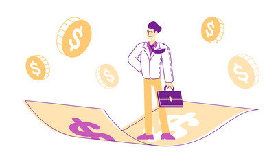 Creative Business Innovation Startup. Marketing Business Man Character with Briefcase in Hand Flying on Money Carpet to Reach Financial Aim. New Successful Start Up Project. Linear Vector Illustration