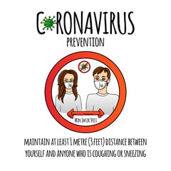 Hand drawn Coronavirus Prevention icon. Vector illustration of a man and woman in facemasks who maintain 1 meter distance between them to protect from COVID-19. Cartoon. Sketch 2019-nCov symbol