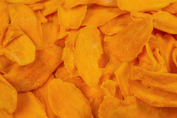 Tasty sugar mango slices background. Top view.