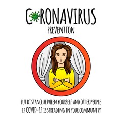 Hand drawn Coronavirus Prevention icon. Vector illustration of woman social distancing at home to protect from COVID-19. Cartoon virus molecule. Sketch 2019-nCov symbol  isolated on white background