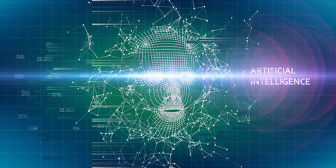 Abstract 3d wireframe face. Artificial intelligence concept with  blurred lines and lens effect. Abstract digital  human face. AI.